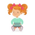 Little girl sitting and playing with digital tablet. Child and modern technology colorful cartoon character vector