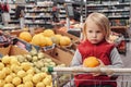 Little girl sitting in shopping cart in food fruit store or supermarket Royalty Free Stock Photo