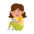 Little Girl Sitting with Smartphone in Her Hand and Confused Face Expression Vector Illustration