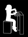 Little girl sitting at table and drawing or writing on list of paper. White silhouette isolated on black background