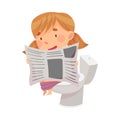Little Girl Sitting on Toilet Bowl and Reading Newspaper Vector Illustration