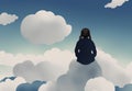 little girl sitting on top of clouds daydreaming looking at sky horizon generative AI illustration