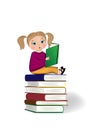 Little girl sitting on the top of stack of books and reading isolated on th white background, vertical vector illustration Royalty Free Stock Photo