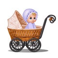 Little girl sitting in a vintage stroller isolated on white background. Vector cartoon close-up illustration.