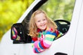 Little girl sitting in white car Royalty Free Stock Photo