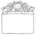 Little girl sleeping with her toys, the blanket being a blank frame with a copy space, coloring page