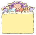 Little girl sleeping with her toys, the blanket being a blank frame with a copy space