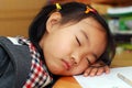 Little girl is sleeping near her homework