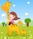 A little girl is sliding down a giraffe's neck
