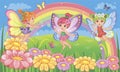 Little girl. Small fairy, princess. Butterflies with colorful wings. Fairytale background with flower meadow, rainbow. Vector. Royalty Free Stock Photo