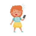 Little Girl with Smartphone in Her Hand and Confused Face Expression Vector Illustration