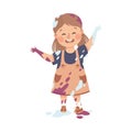 Little Girl Smeared in Paints with Her Dress in Spots Vector Illustration