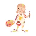 Little Girl Smeared in Paints Holding Artist Palette and Brush Vector Illustration