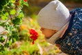 Little girl smelling red flowers Royalty Free Stock Photo