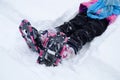 Little Girl Snowshoeing Snow Shoeing in Winter Having Fun Royalty Free Stock Photo