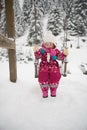 Little girl at snowy winter day swing in park Royalty Free Stock Photo