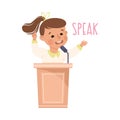 Little Girl Speaking from Tribune Demonstrating Vocabulary and Verb Studying Vector Illustration