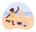 Little girl spending time on the beach. Happy child playing and building Royalty Free Stock Photo