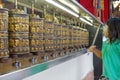 Little girl spinning prayer wheels