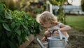 Little girl squatting by raised garden bed, holding metal watering can. Caring for vegetable garden and growing Royalty Free Stock Photo