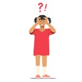 Little Girl Stand Under Question and Exclamation Mark Looking through Binoculars of Fingers. Child Search Information