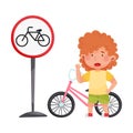 Little Girl Standing with Bicycle Learning Road Sign and Traffic Rules Vector Illustration Royalty Free Stock Photo