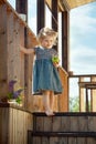 Little girl standing on a country house wooden stairs Royalty Free Stock Photo