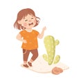 Little Girl Standing and Crying Out Loud Having Her Finger Hurt with Cactus Prickle Vector Illustration