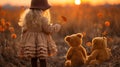 a little girl standing in a field with two teddy bears Royalty Free Stock Photo