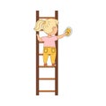 Little Girl Standing on Ladder with Sponge Vector Illustration