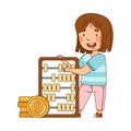 Little Girl Standing Near Dollar Coins with Counting Frame Doing Sums Vector Illustration