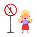 Little Girl Standing Near Road Sign Learning Traffic Rules Vector Illustration Royalty Free Stock Photo