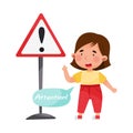 Little Girl Standing Near Road Sign Learning Traffic Rules Vector Illustration Royalty Free Stock Photo