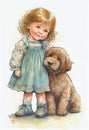 A little girl standing next to a brown dog in an illustration portrait painting with blond curly hair on a card for friendship Royalty Free Stock Photo