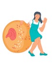 Girl with sufganiyah donut for Jewish Holiday Hanukkah flat vector illustration