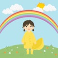 Little Girl Standing Under The Rainbow Vector Illustration