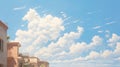 Anime Aesthetic House Painting With Blue Sky And Clouds Royalty Free Stock Photo