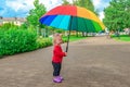 A little girl stands with a large colored umbrella in the park Royalty Free Stock Photo