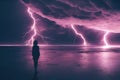 A little girl stands and looks at large sparkling lightning bolts. natural phenomena. Bad weather. AI-generated