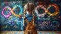 a little girl stands near the blackboard in the classroom and draws an infinity sign with colored chalk,World Autism Royalty Free Stock Photo