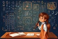 Little girl stands near school chalk board with formulas and tries to solve difficult problem. Child prodigy student in elementary