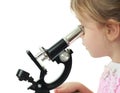 Little girl staring into black microscope Royalty Free Stock Photo