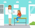 Little Girl with Stomachache at Doctor`s Consulting Room with Woman Pediatrician Giving Prescription Vector Illustration