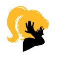 A little girl straightens her hair silhouette . Vector illustration