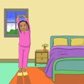 A little girl stretching beside bed in the morning cartoon illustration