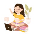 Little Girl Studying from home via Teleconference and Raising Her Hand to Answer, Homeschooling, Distance Learning Royalty Free Stock Photo