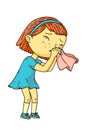 Little girl suffering from runny nose on white