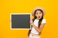 Little girl summer style hold blackboard announcement copy space, shocking offer concept