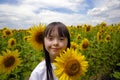 Little girl in sunflowers field. Royalty Free Stock Photo