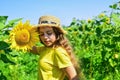 Little girl sunflowers field blue sky background, childhood at village